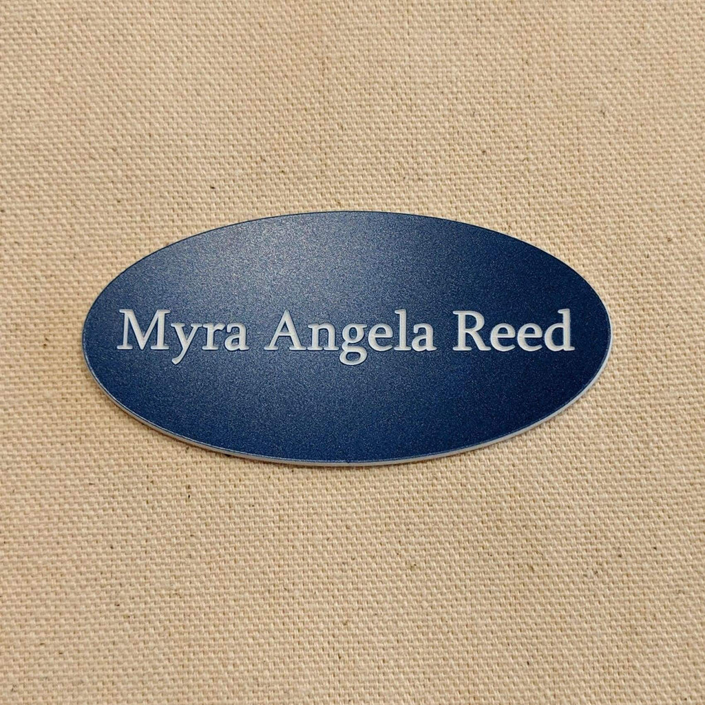 Acrylic Nametag - 3x1.5 Oval / White lettering on blue - Bags & Apparel