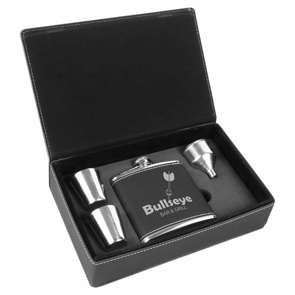 Flask Set in Vegan Leather Gift Box - Black | Silver - Drinkware