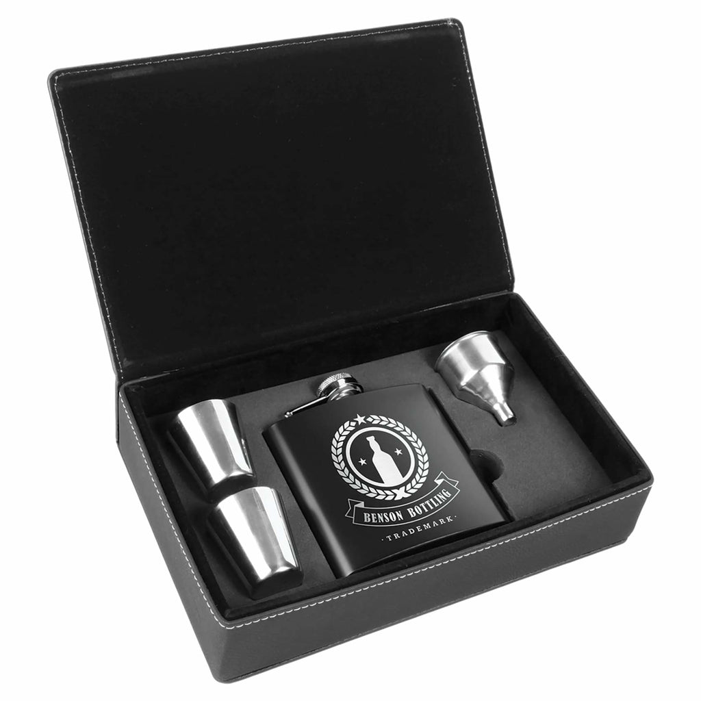 Flask Set in Vegan Leather Gift Box - Black - Drinkware