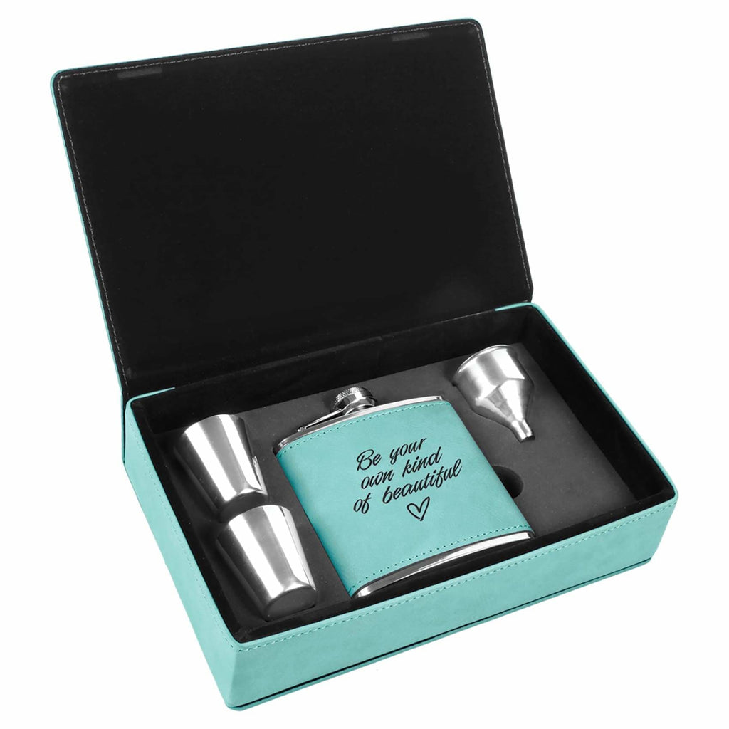 Flask Set in Vegan Leather Gift Box - Teal - Drinkware