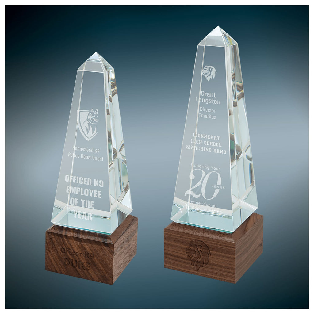 Glass Obelisk with Walnut Base - Glass Awards
