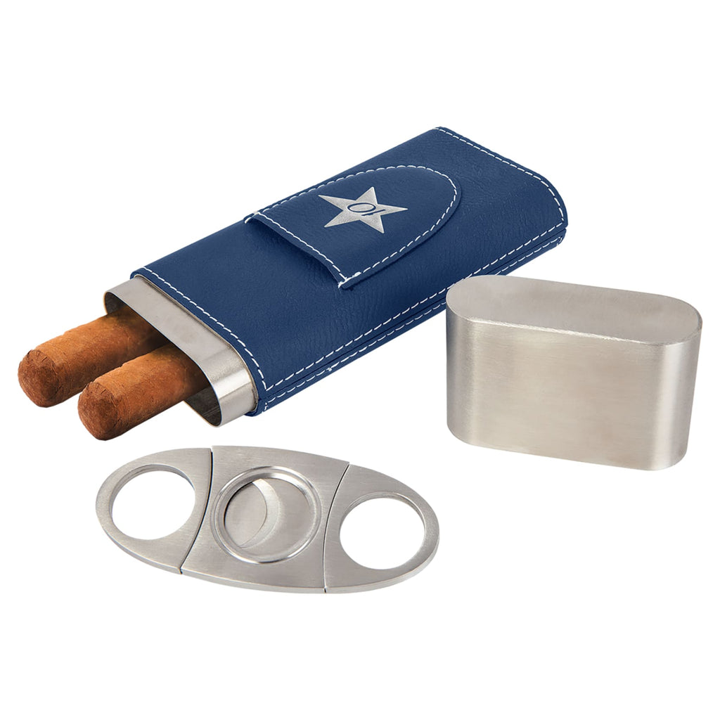 Vegan Leather Cigar Case with Cutter - Blue | Silver - Home Gifts