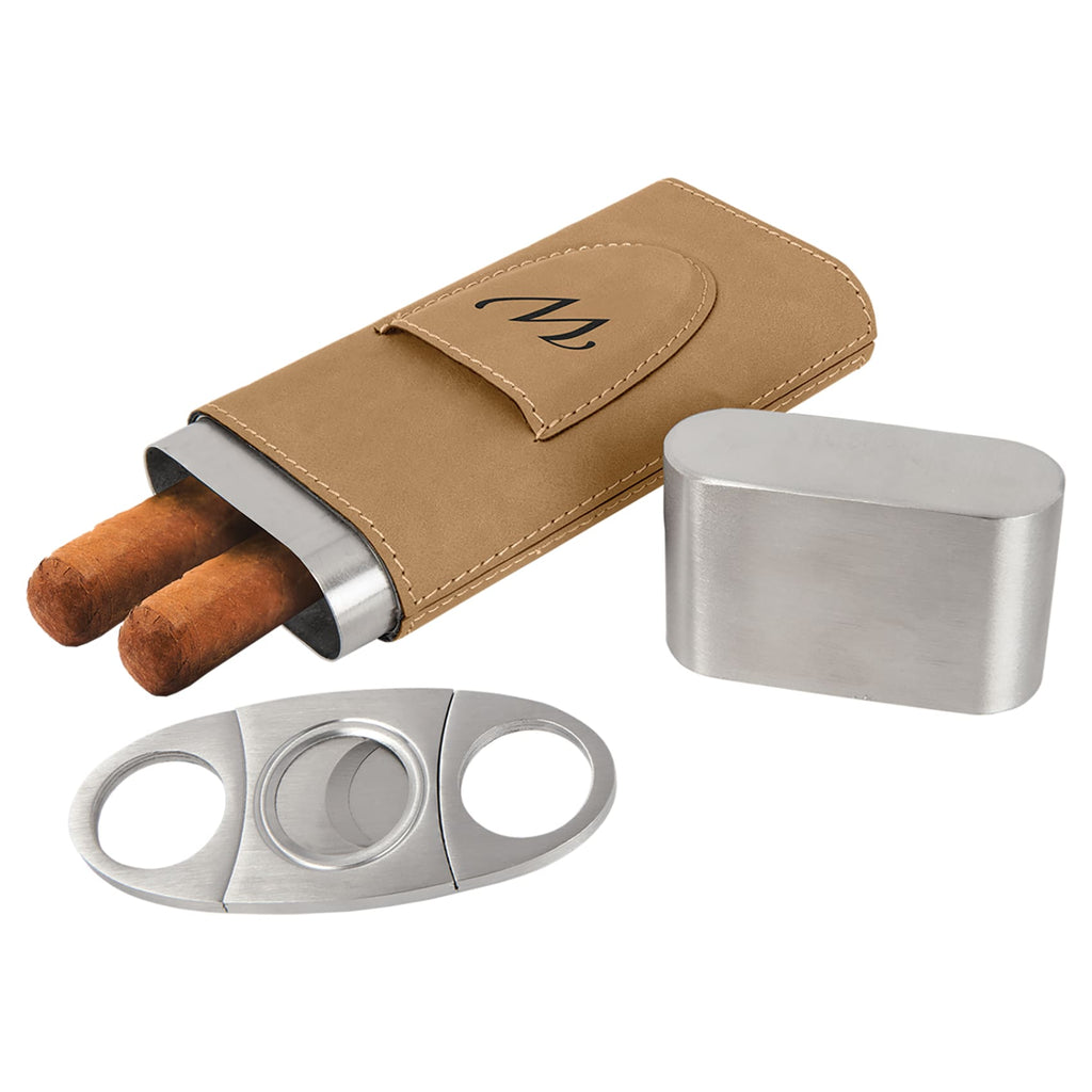 Vegan Leather Cigar Case with Cutter - Light Brown - Home Gifts