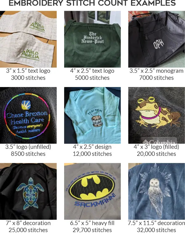 Chase Street Accessories & Engraving Embroidery Stitch Count Examples