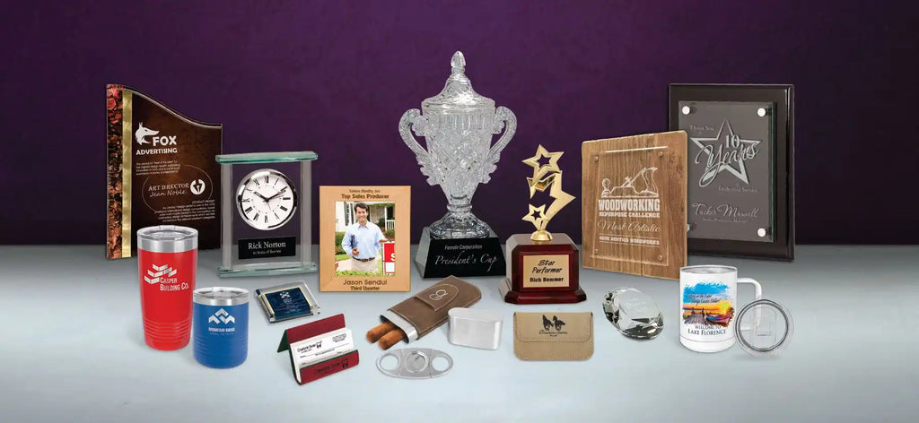 Assorted personalized gifts and awards.