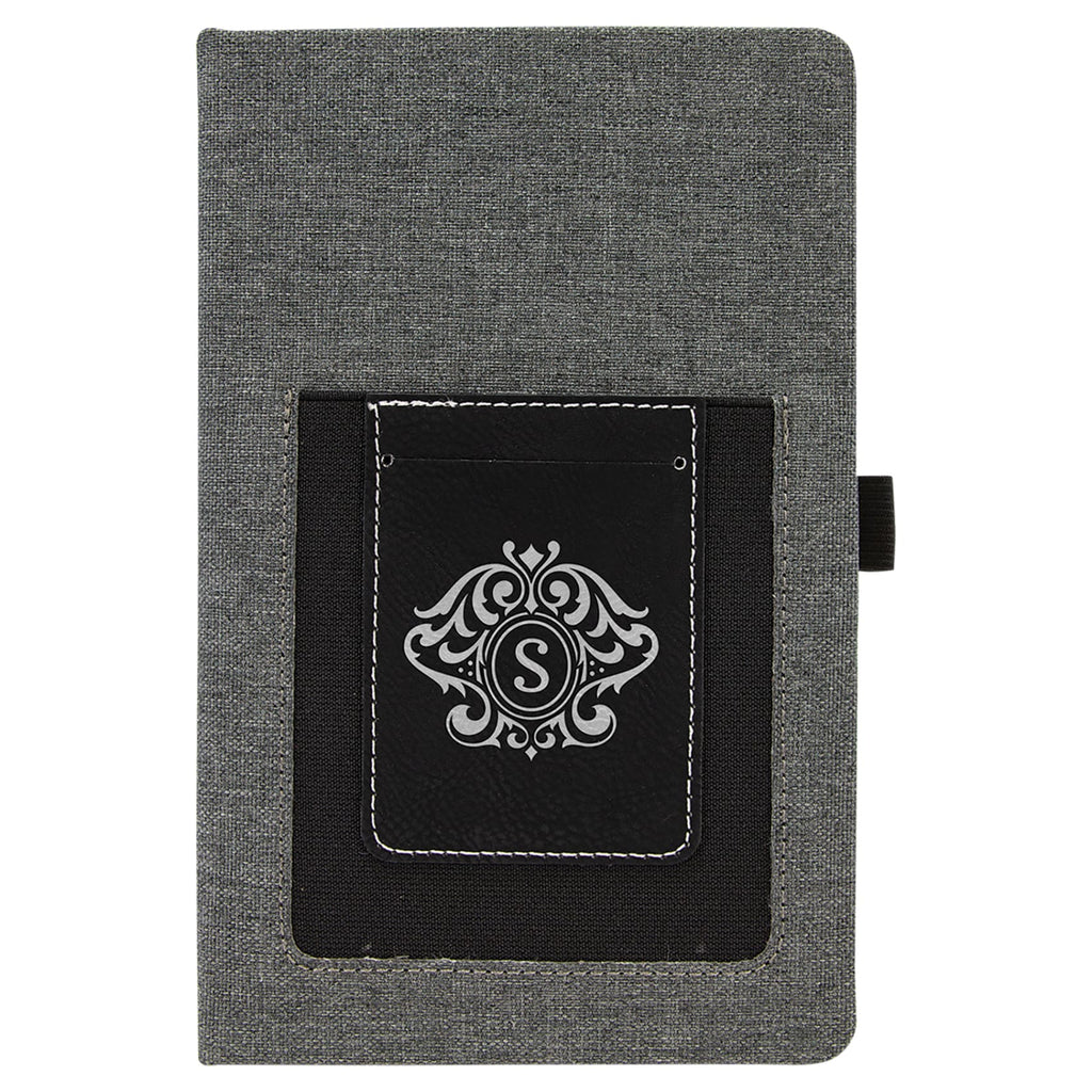 Canvas Journal with Vegan Leather Cell/Card Slot - Black | Silver - Office Gifts