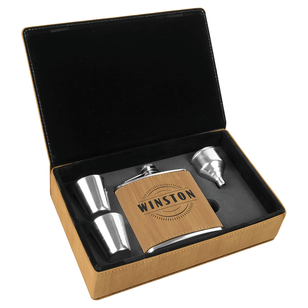 Flask Set in Vegan Leather Gift Box - Bamboo - Drinkware