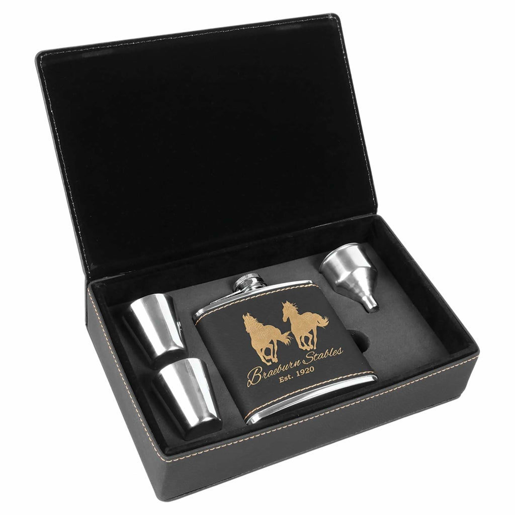 Flask Set in Vegan Leather Gift Box - Black | Gold - Drinkware