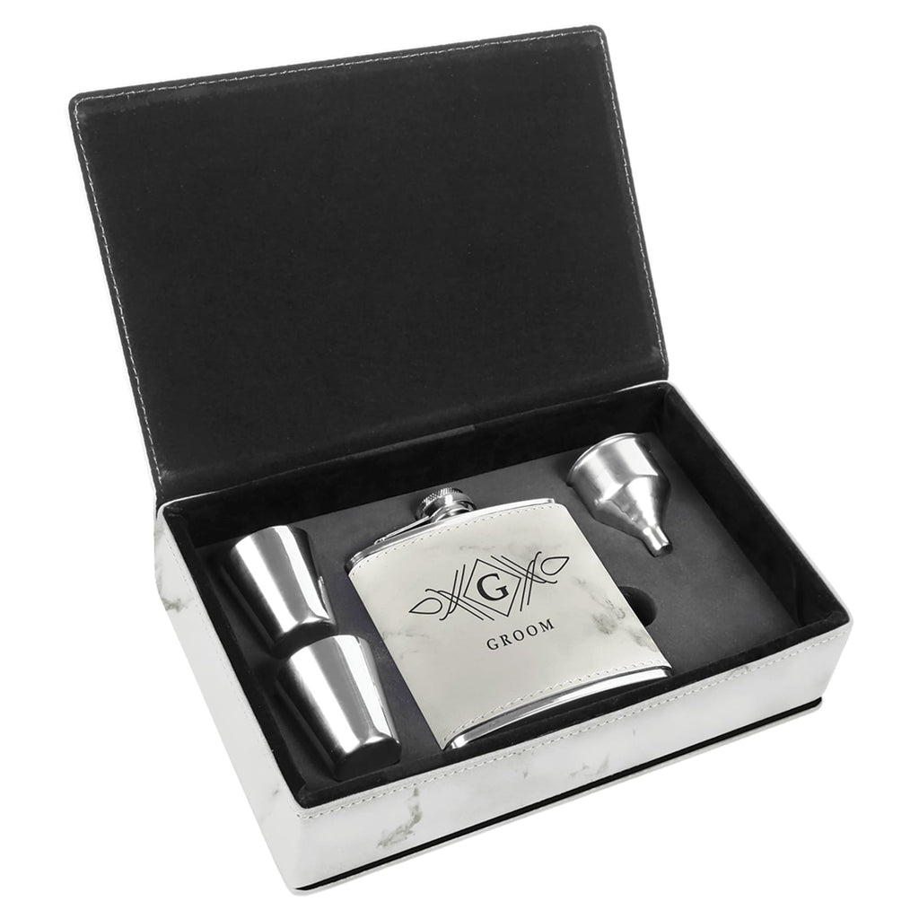 Flask Set in Vegan Leather Gift Box - White Marble - Drinkware