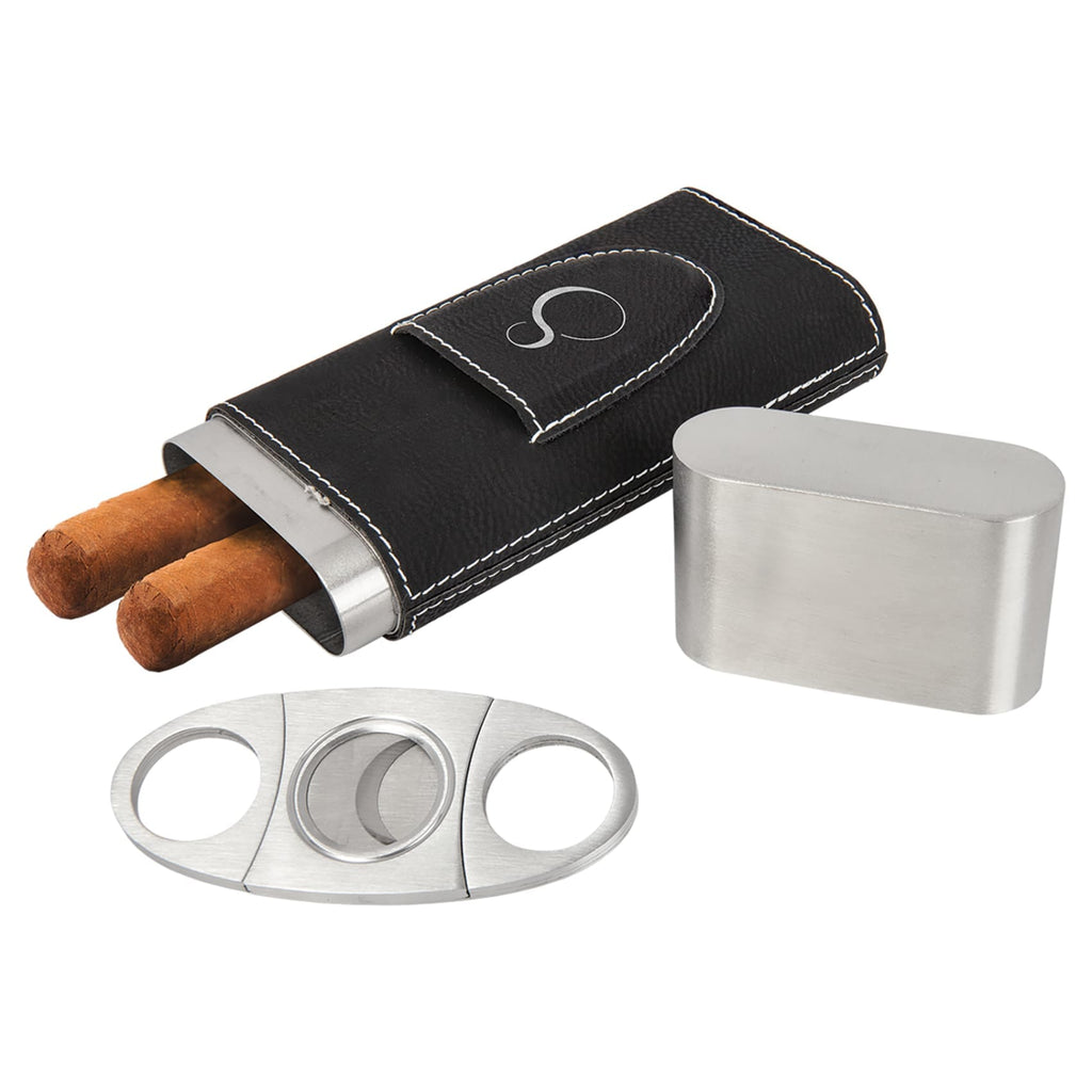 Vegan Leather Cigar Case with Cutter - Black | Silver - Home Gifts