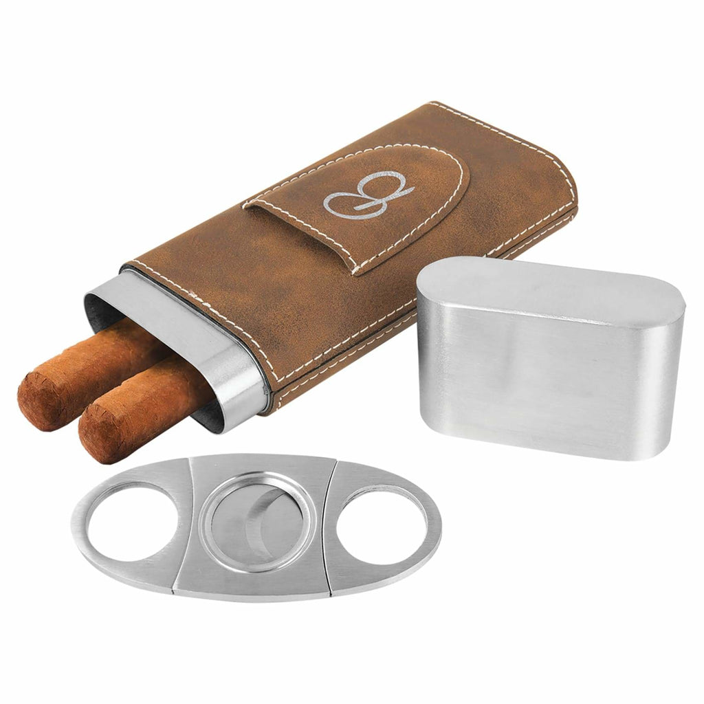 Vegan Leather Cigar Case with Cutter - Rustic | Silver - Home Gifts