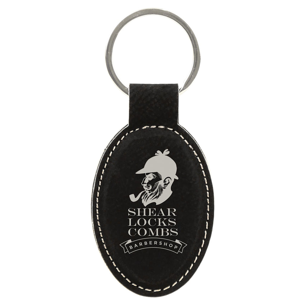 Vegan Leather Keychain - Black | Silver / Oval - Office Gifts