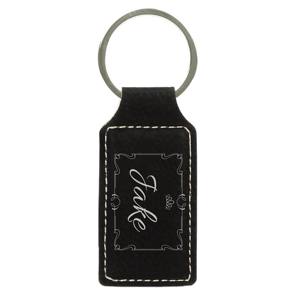 Vegan Leather Keychain - Black | Silver / Rectangle - Office Gifts