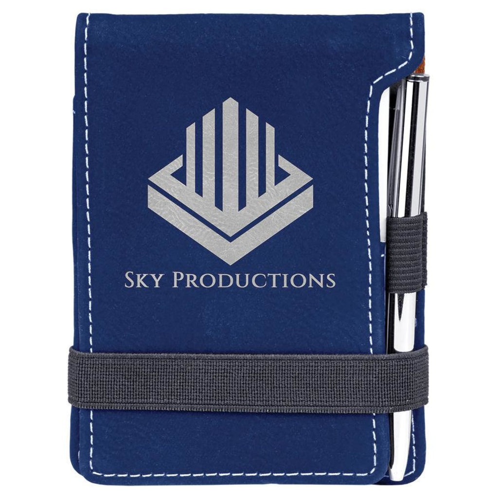 Vegan Leather Mini Notepad with Pen - Blue | Silver - Office Gifts
